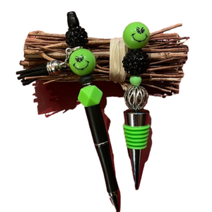 Grinch Inspired Handmade Beaded Pen and Wine Stopper